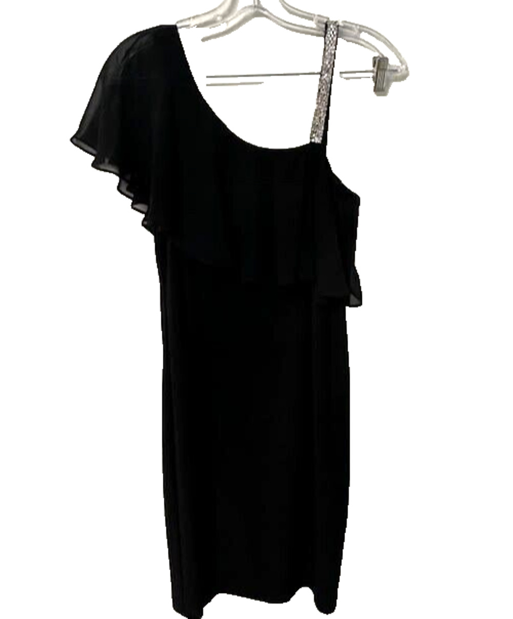 MSK One Shoulder Cocktail Dress Black Rhinestone Strap Women's Size 8 Party